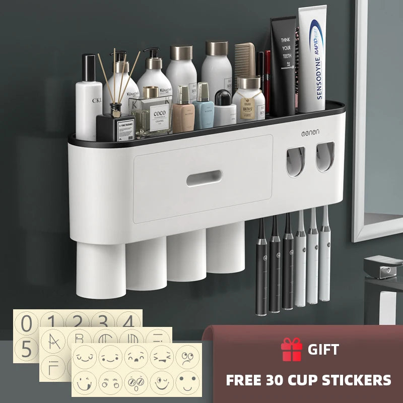 WIKHOSTEAR Wall Mounted Toothbrush Holder Magnetic Adsorption Inverted Toothpaste Squeezer Double Automatic Toothpaste Dispenser