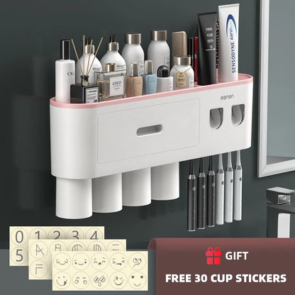 WIKHOSTEAR Wall Mounted Toothbrush Holder Magnetic Adsorption Inverted Toothpaste Squeezer Double Automatic Toothpaste Dispenser