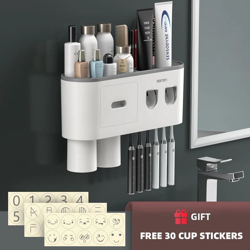 WIKHOSTEAR Wall Mounted Toothbrush Holder Magnetic Adsorption Inverted Toothpaste Squeezer Double Automatic Toothpaste Dispenser