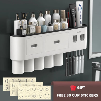 WIKHOSTEAR Wall Mounted Toothbrush Holder Magnetic Adsorption Inverted Toothpaste Squeezer Double Automatic Toothpaste Dispenser