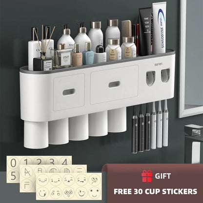WIKHOSTEAR Wall Mounted Toothbrush Holder Magnetic Adsorption Inverted Toothpaste Squeezer Double Automatic Toothpaste Dispenser