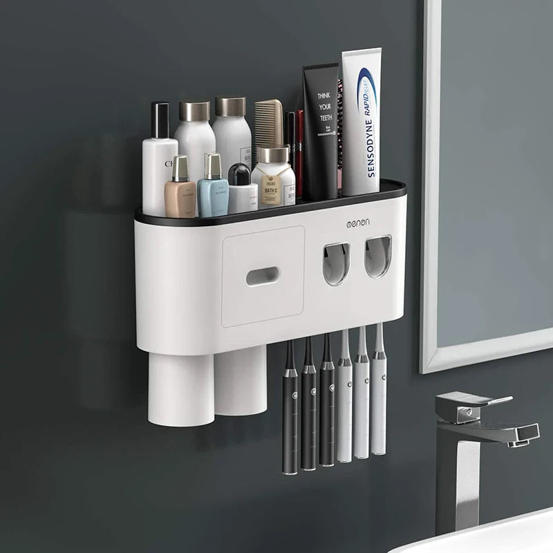 WIKHOSTEAR Wall Mounted Toothbrush Holder Magnetic Adsorption Inverted Toothpaste Squeezer Double Automatic Toothpaste Dispenser