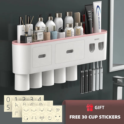 WIKHOSTEAR Wall Mounted Toothbrush Holder Magnetic Adsorption Inverted Toothpaste Squeezer Double Automatic Toothpaste Dispenser