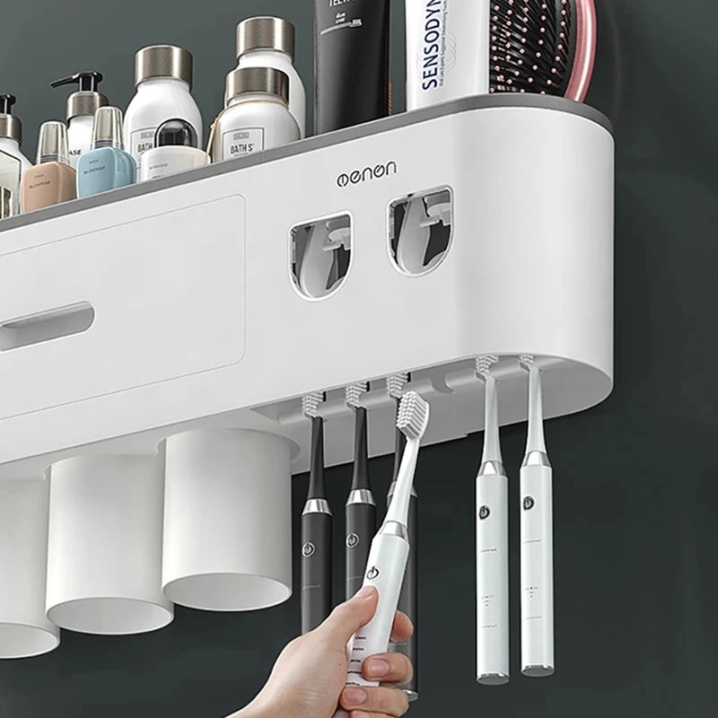 WIKHOSTEAR Wall Mounted Toothbrush Holder Magnetic Adsorption Inverted Toothpaste Squeezer Double Automatic Toothpaste Dispenser