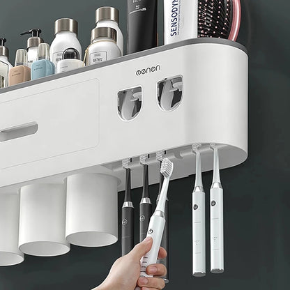 WIKHOSTEAR Wall Mounted Toothbrush Holder Magnetic Adsorption Inverted Toothpaste Squeezer Double Automatic Toothpaste Dispenser