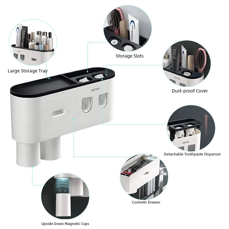 WIKHOSTEAR Wall Mounted Toothbrush Holder Magnetic Adsorption Inverted Toothpaste Squeezer Double Automatic Toothpaste Dispenser