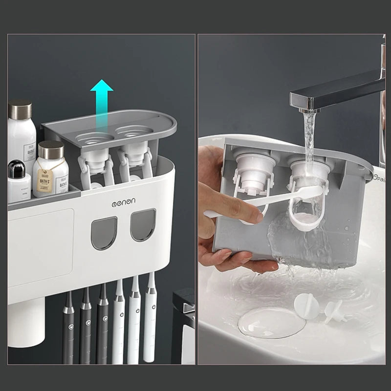 WIKHOSTEAR Wall Mounted Toothbrush Holder Magnetic Adsorption Inverted Toothpaste Squeezer Double Automatic Toothpaste Dispenser
