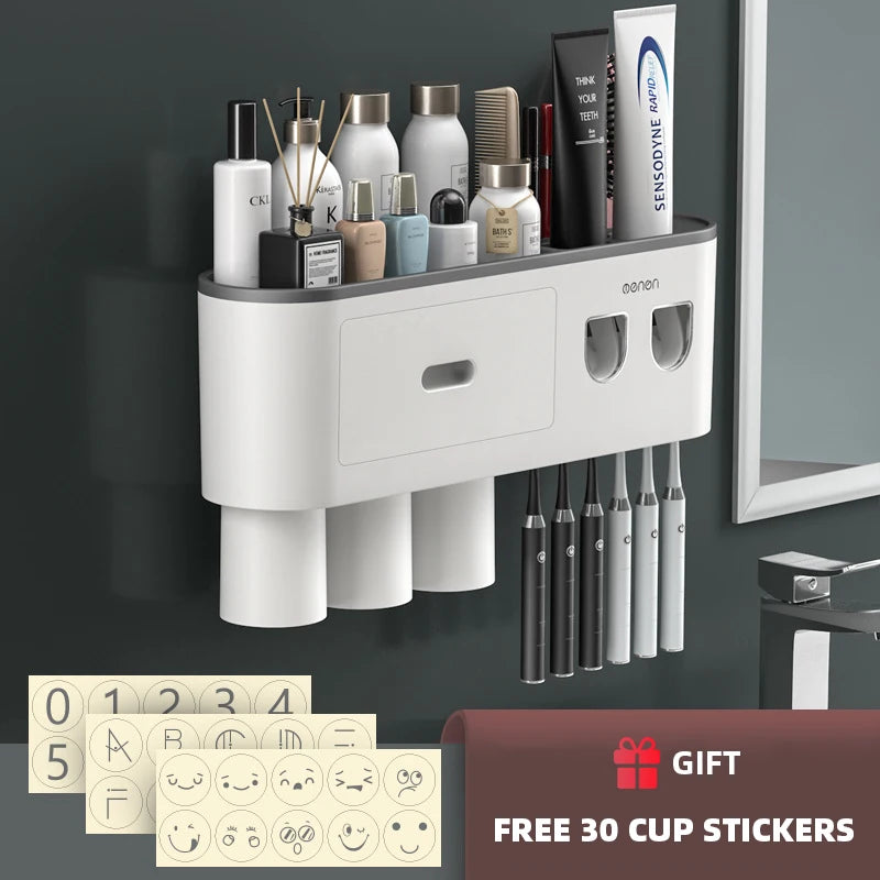 WIKHOSTEAR Wall Mounted Toothbrush Holder Magnetic Adsorption Inverted Toothpaste Squeezer Double Automatic Toothpaste Dispenser