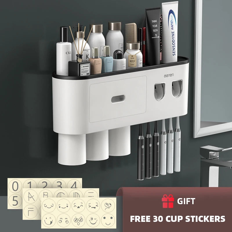 WIKHOSTEAR Wall Mounted Toothbrush Holder Magnetic Adsorption Inverted Toothpaste Squeezer Double Automatic Toothpaste Dispenser