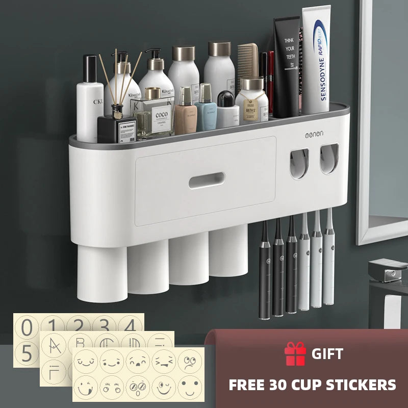 WIKHOSTEAR Wall Mounted Toothbrush Holder Magnetic Adsorption Inverted Toothpaste Squeezer Double Automatic Toothpaste Dispenser