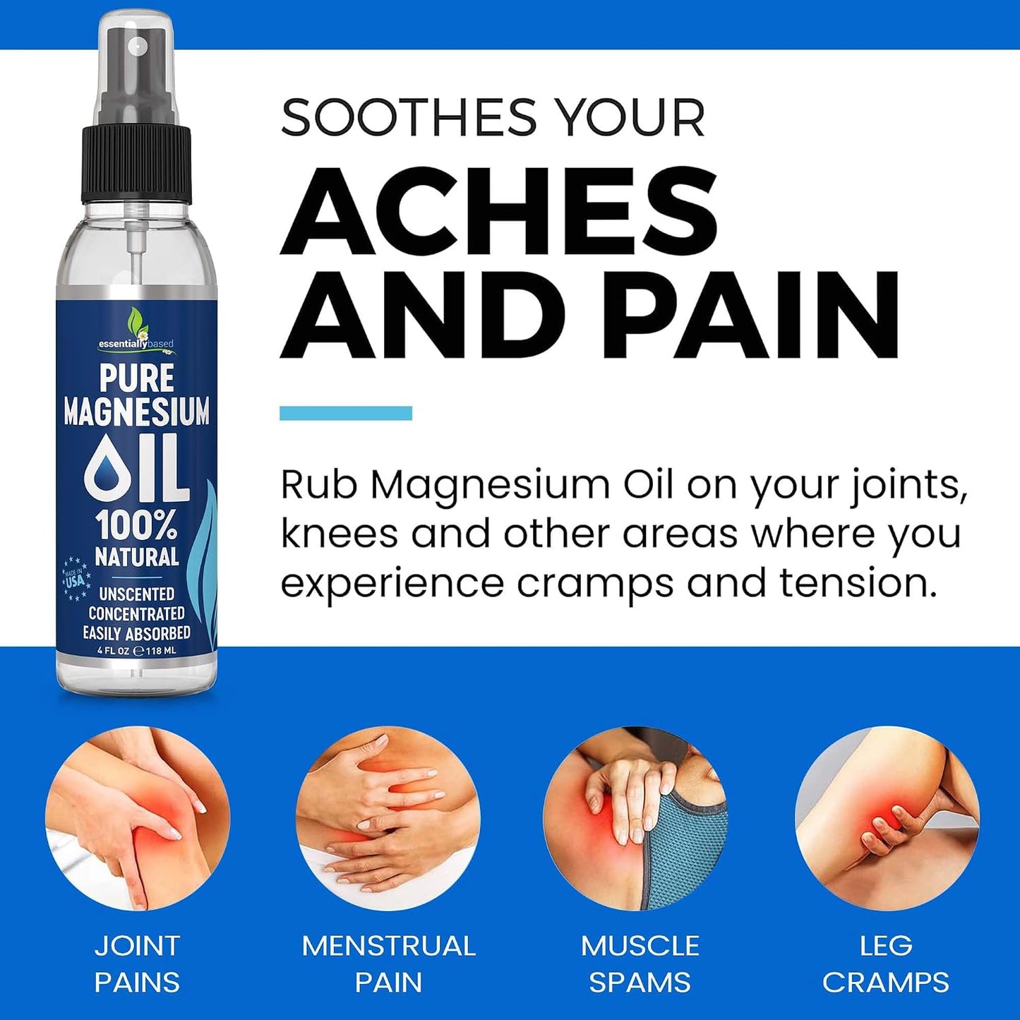 Pure Magnesium Oil Spray for Sleep, Feet & Leg Cramps - USP Grade - 4Oz