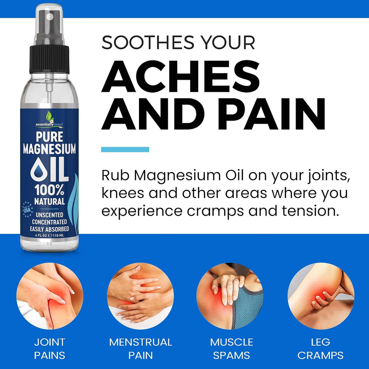 Pure Magnesium Oil Spray for Sleep, Feet & Leg Cramps - USP Grade - 4Oz