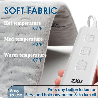 Heating Pad for Back Pain and Cramps Relief, 12” X 24” Ultra Soft Hot Heated Pad With3 Heat Setting, Moist Heat and Auto Shut-Off for Neck, Shoulder, Leg, Machine Washable