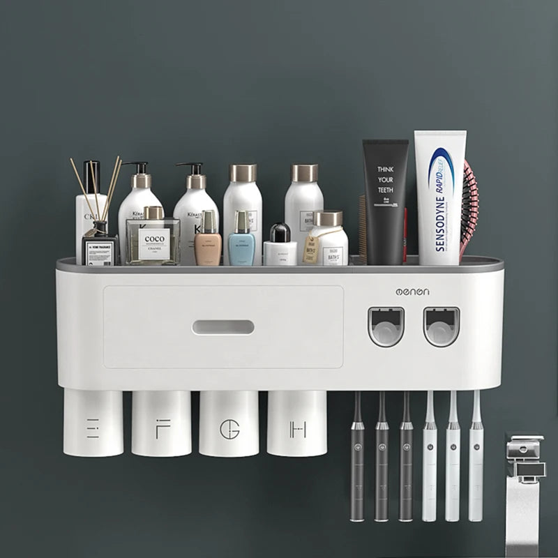 WIKHOSTEAR Wall Mounted Toothbrush Holder Magnetic Adsorption Inverted Toothpaste Squeezer Double Automatic Toothpaste Dispenser
