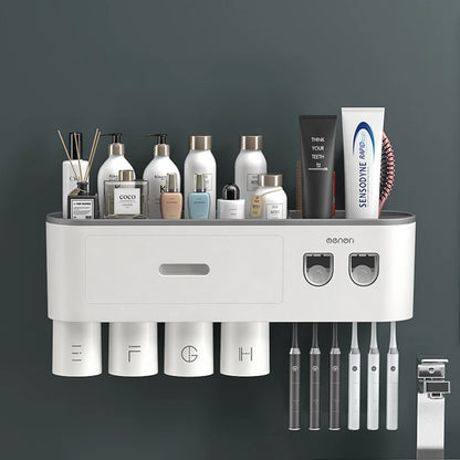 WIKHOSTEAR Wall Mounted Toothbrush Holder Magnetic Adsorption Inverted Toothpaste Squeezer Double Automatic Toothpaste Dispenser